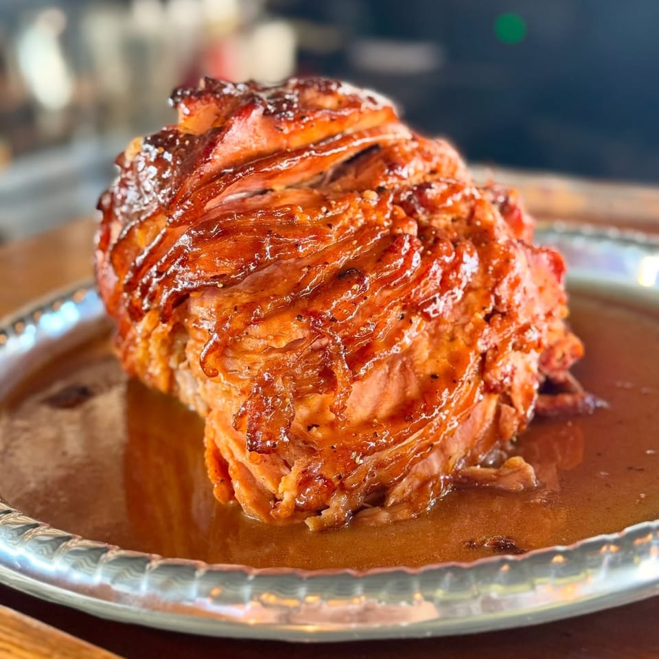 A glistening, glazed ham from United Smokehouse, served on a silver platter with rich sauce.
